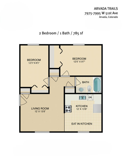 Floor plan for 2 beds, 1 bath, 795 sqft
